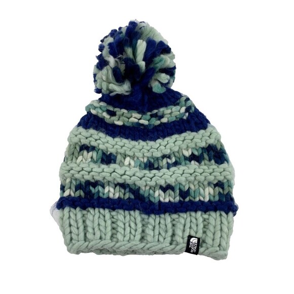 North Face Nanny Knit Beanie Blue Striped Chunky Pom Pom NF00A9EW Adult One Size - Picture 1 of 11
